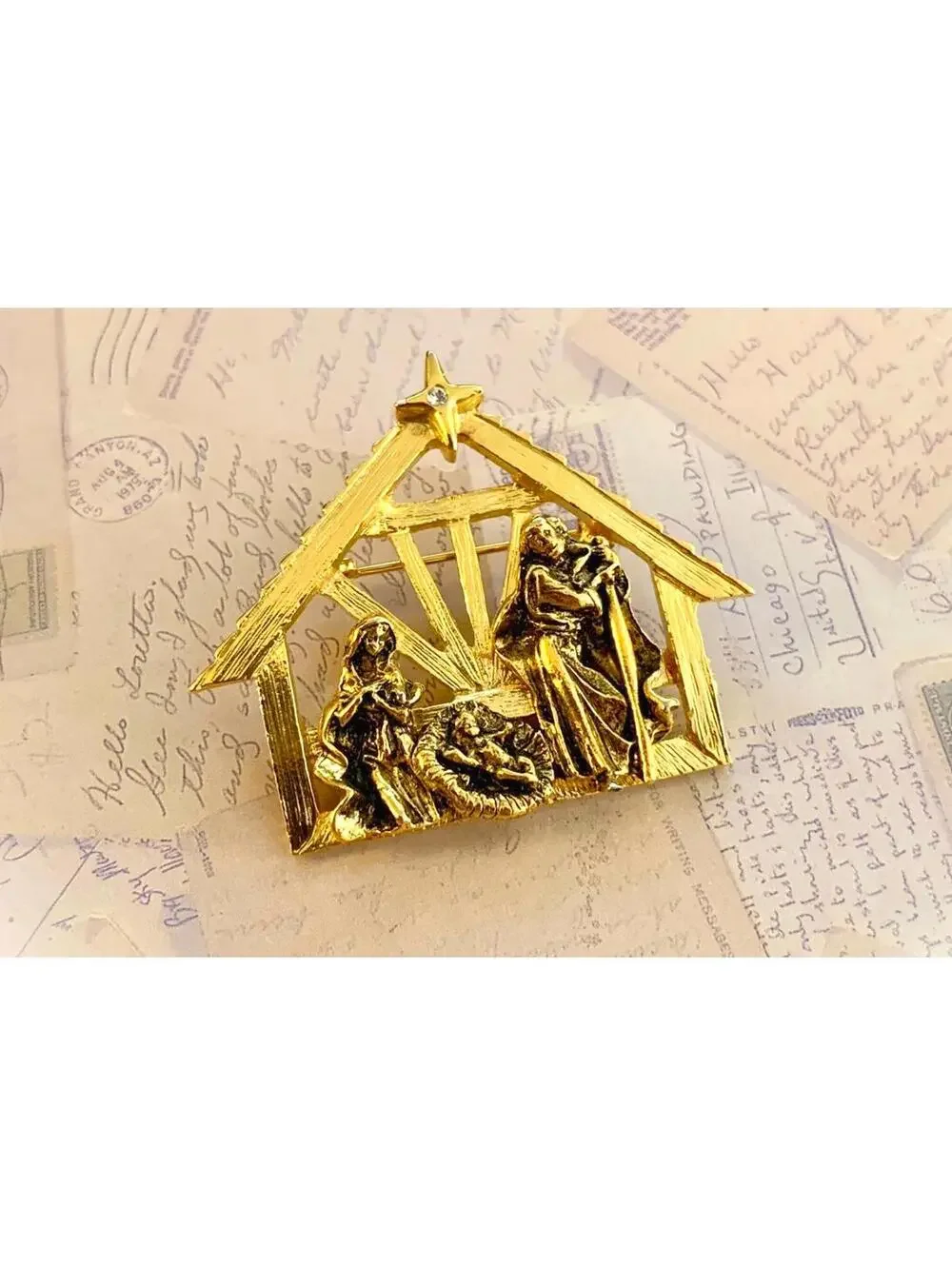 Vintage Nativity Brooch | Holy Family Christmas Pin with Rhinestone Star
